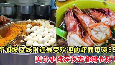 蓝线附近的美食小摊，新加坡最受欢迎的虾面每碗$5，深夜去都排长队